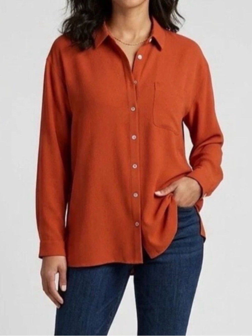 J. Jill Campari Long Sleeve Brick Orange Crepe Button Down Preppy Fall Blouse S